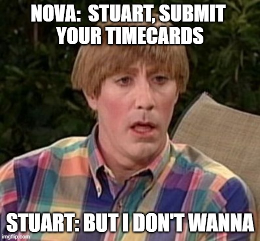 Stuart timecard reminder | NOVA:  STUART, SUBMIT 
YOUR TIMECARDS; STUART: BUT I DON'T WANNA | image tagged in stuart madtv | made w/ Imgflip meme maker