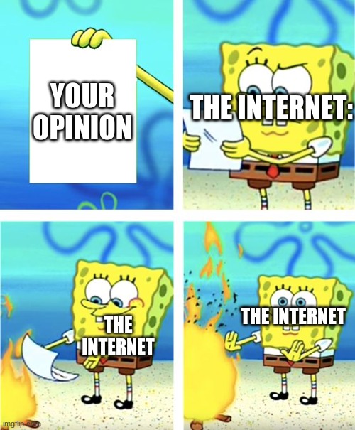 your opinion to the internet | YOUR OPINION; THE INTERNET:; THE INTERNET; THE INTERNET | image tagged in spongebob burning paper | made w/ Imgflip meme maker
