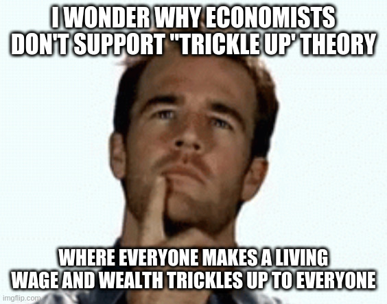 Stands a good chance of being called communism | I WONDER WHY ECONOMISTS DON'T SUPPORT "TRICKLE UP' THEORY; WHERE EVERYONE MAKES A LIVING WAGE AND WEALTH TRICKLES UP TO EVERYONE | image tagged in interesting | made w/ Imgflip meme maker