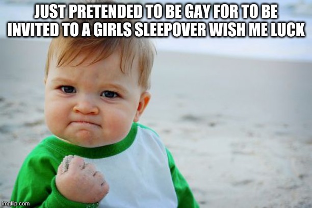 Wish me luck | JUST PRETENDED TO BE GAY FOR TO BE INVITED TO A GIRLS SLEEPOVER WISH ME LUCK | image tagged in memes,success kid original | made w/ Imgflip meme maker