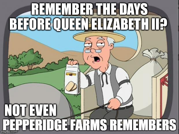 Wow that old? | REMEMBER THE DAYS BEFORE QUEEN ELIZABETH II? NOT EVEN | image tagged in pepperidge farms remembers | made w/ Imgflip meme maker