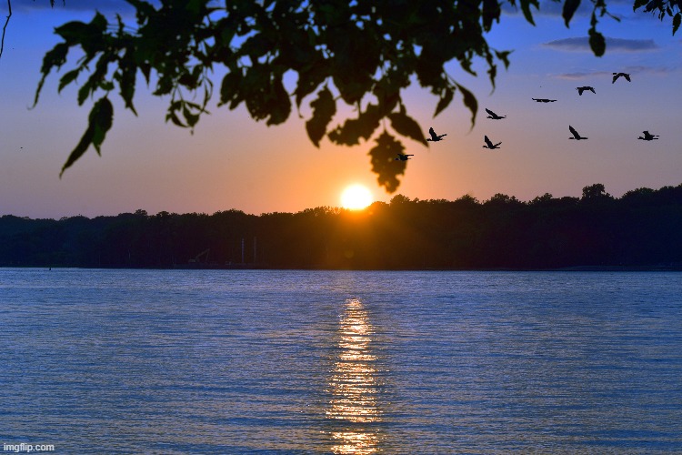 sunset at lock and dam 14 on the Mississippi | image tagged in sunset | made w/ Imgflip meme maker