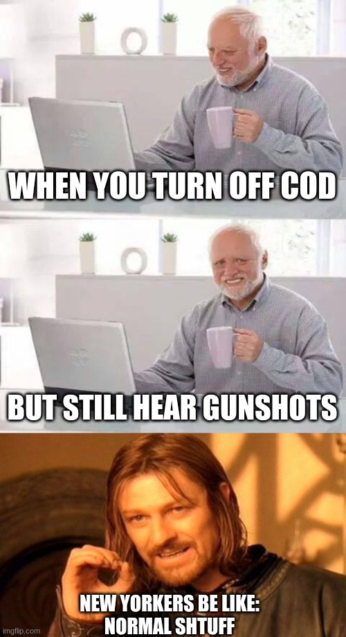 normal shtuff | WHEN YOU TURN OFF COD; BUT STILL HEAR GUNSHOTS; NEW YORKERS BE LIKE:

NORMAL SHTUFF | image tagged in memes,hide the pain harold,one does not simply | made w/ Imgflip meme maker