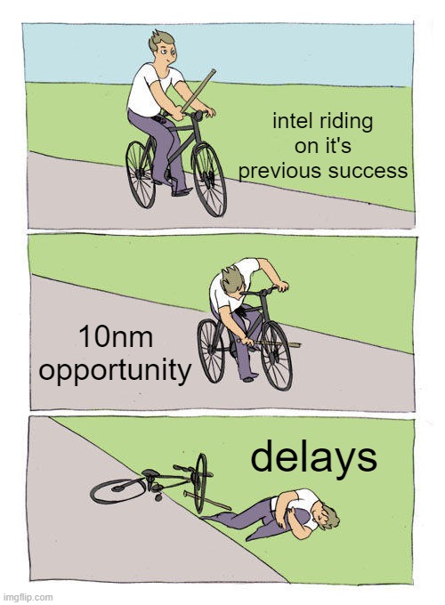 in-tell | intel riding on it's previous success; 10nm opportunity; delays | image tagged in memes,bike fall | made w/ Imgflip meme maker