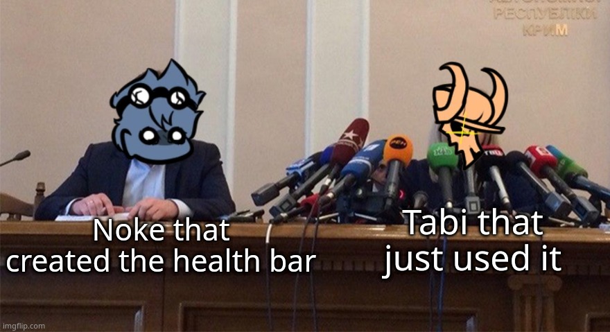 Man and woman microphone | Tabi that just used it; Noke that created the health bar | image tagged in man and woman microphone,FridayNightFunkin | made w/ Imgflip meme maker