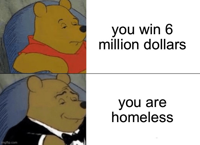 Tuxedo Winnie The Pooh | you win 6 million dollars; you are homeless | image tagged in memes,tuxedo winnie the pooh | made w/ Imgflip meme maker