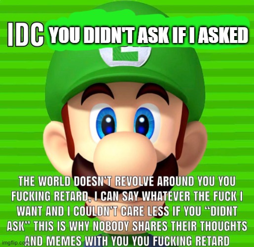 Idc you “didn’t ask” Luigi | YOU DIDN'T ASK IF I ASKED | image tagged in idc you didn t ask luigi | made w/ Imgflip meme maker