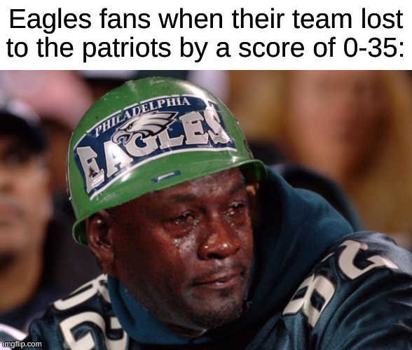 Poor Eagles fans |  Eagles fans when their team lost to the patriots by a score of 0-35: | image tagged in eagles,philadelphia eagles,patriots,fans | made w/ Imgflip meme maker