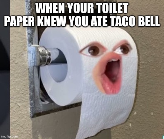 When your toilet paper knew u ate taco bell | WHEN YOUR TOILET PAPER KNEW YOU ATE TACO BELL | image tagged in toilet paper,taco bell | made w/ Imgflip meme maker