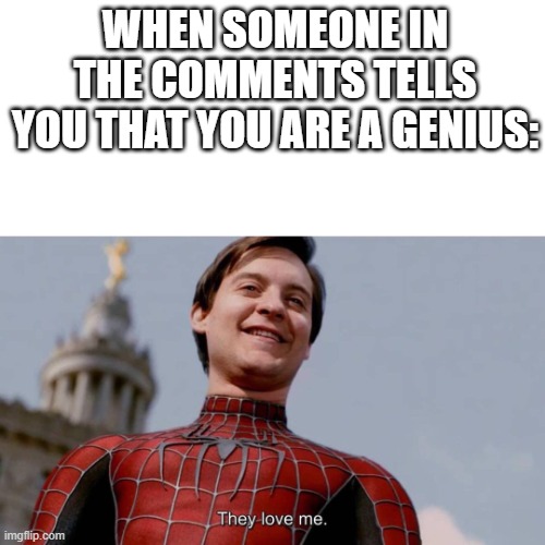 They love me | WHEN SOMEONE IN THE COMMENTS TELLS YOU THAT YOU ARE A GENIUS: | image tagged in they love me,yay | made w/ Imgflip meme maker