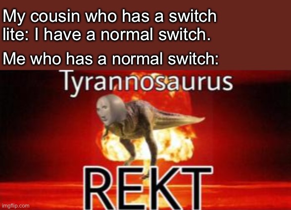 Tyrannosaurus REKT | My cousin who has a switch lite: I have a normal switch. Me who has a normal switch: | image tagged in tyrannosaurus rekt | made w/ Imgflip meme maker