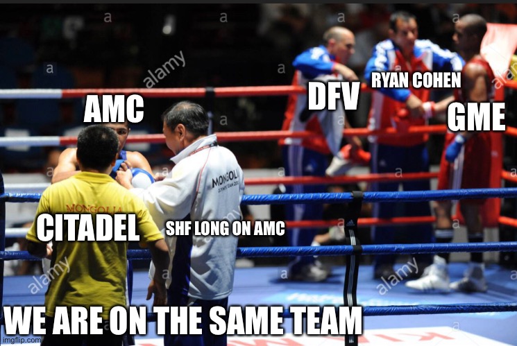 Boxing rink resting corner | RYAN COHEN; DFV; GME; AMC; SHF LONG ON AMC; CITADEL; WE ARE ON THE SAME TEAM | image tagged in boxing rink,boxing ring,resting corner,with coach | made w/ Imgflip meme maker