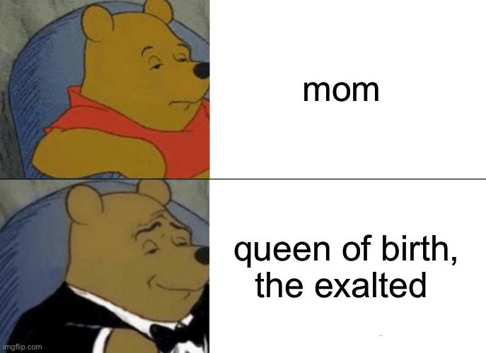 Tuxedo Winnie The Pooh | mom; queen of birth, the exalted | image tagged in memes,tuxedo winnie the pooh | made w/ Imgflip meme maker