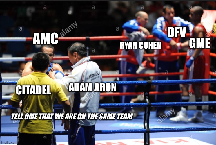 We are on the same Team | DFV; AMC; RYAN COHEN; GME; ADAM ARON; CITADEL; TELL GME THAT WE ARE ON THE SAME TEAM | image tagged in amc,gme | made w/ Imgflip meme maker