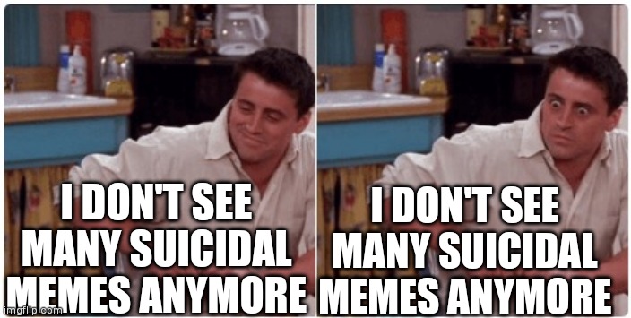 Haha comedy | I DON'T SEE MANY SUICIDAL MEMES ANYMORE; I DON'T SEE MANY SUICIDAL MEMES ANYMORE | image tagged in joey from friends,yourlocalgay | made w/ Imgflip meme maker