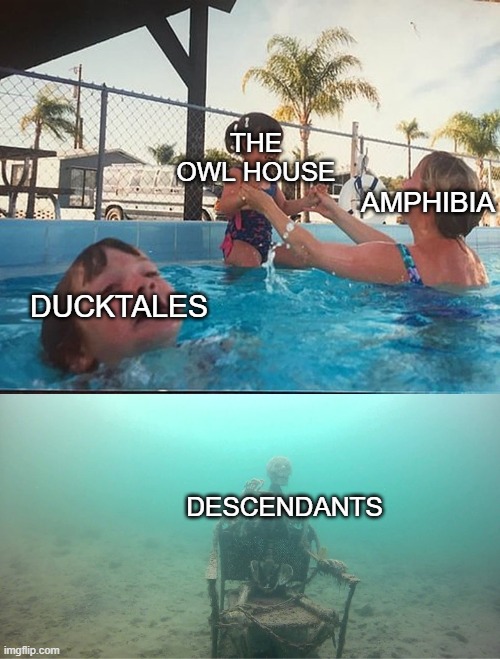 Mother Ignoring Kid Drowning In A Pool | THE OWL HOUSE; AMPHIBIA; DUCKTALES; DESCENDANTS | image tagged in mother ignoring kid drowning in a pool,amphibia | made w/ Imgflip meme maker