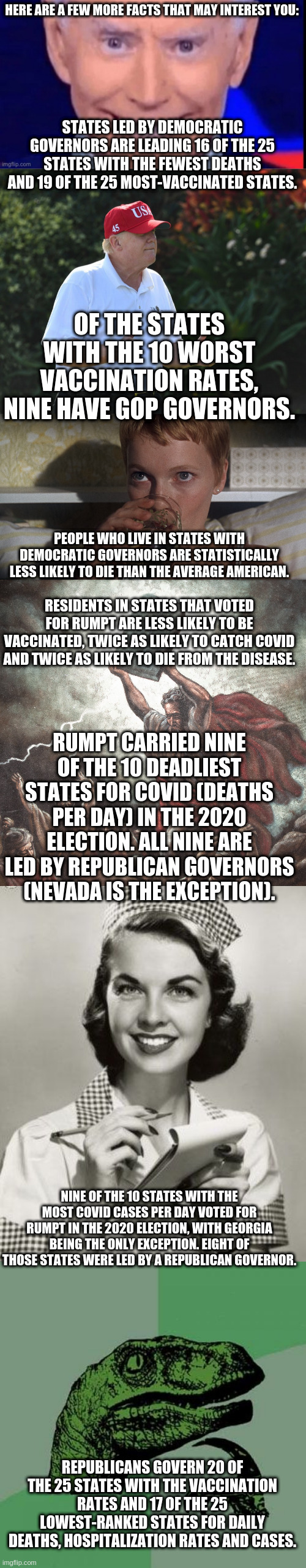 Something to think about over the weekend | HERE ARE A FEW MORE FACTS THAT MAY INTEREST YOU:; STATES LED BY DEMOCRATIC GOVERNORS ARE LEADING 16 OF THE 25 STATES WITH THE FEWEST DEATHS AND 19 OF THE 25 MOST-VACCINATED STATES. OF THE STATES WITH THE 10 WORST VACCINATION RATES, NINE HAVE GOP GOVERNORS. PEOPLE WHO LIVE IN STATES WITH DEMOCRATIC GOVERNORS ARE STATISTICALLY LESS LIKELY TO DIE THAN THE AVERAGE AMERICAN. RESIDENTS IN STATES THAT VOTED FOR RUMPT ARE LESS LIKELY TO BE VACCINATED, TWICE AS LIKELY TO CATCH COVID AND TWICE AS LIKELY TO DIE FROM THE DISEASE. RUMPT CARRIED NINE OF THE 10 DEADLIEST STATES FOR COVID (DEATHS PER DAY) IN THE 2020 ELECTION. ALL NINE ARE LED BY REPUBLICAN GOVERNORS (NEVADA IS THE EXCEPTION). NINE OF THE 10 STATES WITH THE MOST COVID CASES PER DAY VOTED FOR RUMPT IN THE 2020 ELECTION, WITH GEORGIA BEING THE ONLY EXCEPTION. EIGHT OF THOSE STATES WERE LED BY A REPUBLICAN GOVERNOR. REPUBLICANS GOVERN 20 OF THE 25 STATES WITH THE VACCINATION RATES AND 17 OF THE 25 LOWEST-RANKED STATES FOR DAILY DEATHS, HOSPITALIZATION RATES AND CASES. | image tagged in i said dont squeeze the charmin,bs rumpt,rosemary,moses,can i take your order,memes | made w/ Imgflip meme maker