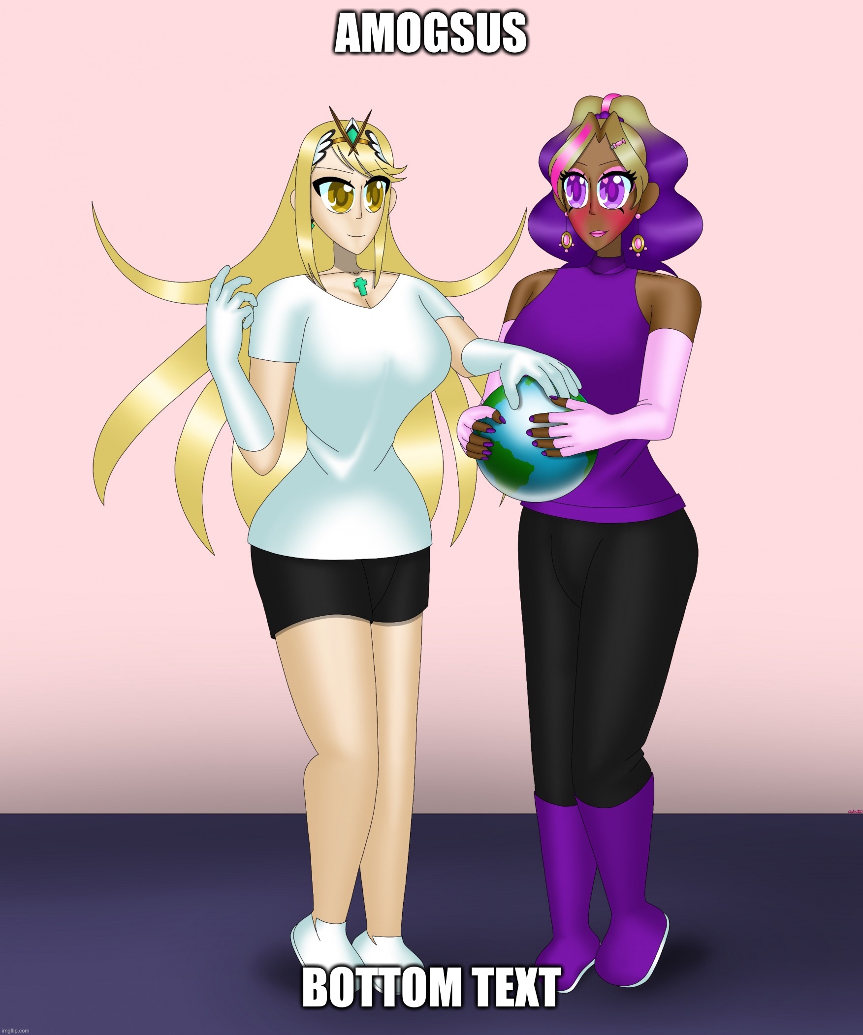 Kashiko Murasaki and Mythra | AMOGSUS; BOTTOM TEXT | image tagged in kashiko murasaki and mythra | made w/ Imgflip meme maker