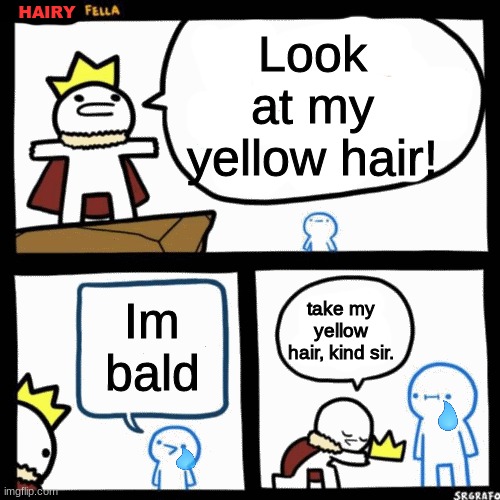 Lololololololololol | Look at my yellow hair! HAIRY; Im bald; take my yellow hair, kind sir. | image tagged in i'm the dumbest man alive | made w/ Imgflip meme maker