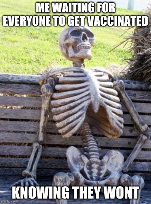 Waiting Skeleton | ME WAITING FOR EVERYONE TO GET VACCINATED; KNOWING THEY WONT | image tagged in memes,waiting skeleton | made w/ Imgflip meme maker