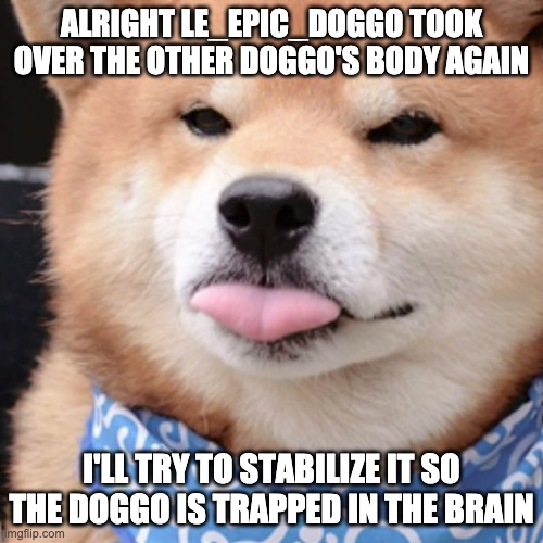 When you happ | ALRIGHT LE_EPIC_DOGGO TOOK OVER THE OTHER DOGGO'S BODY AGAIN; I'LL TRY TO STABILIZE IT SO THE DOGGO IS TRAPPED IN THE BRAIN | image tagged in when you happ | made w/ Imgflip meme maker