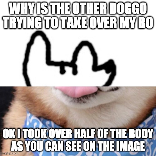 Deto Yoda | WHY IS THE OTHER DOGGO TRYING TO TAKE OVER MY BO; OK I TOOK OVER HALF OF THE BODY
AS YOU CAN SEE ON THE IMAGE | image tagged in deto yoda | made w/ Imgflip meme maker