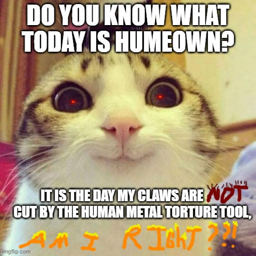 Some cats just... know. | DO YOU KNOW WHAT TODAY IS HUMEOWN? IT IS THE DAY MY CLAWS ARE         CUT BY THE HUMAN METAL TORTURE TOOL, | image tagged in memes,smiling with subtle malice,not having it | made w/ Imgflip meme maker