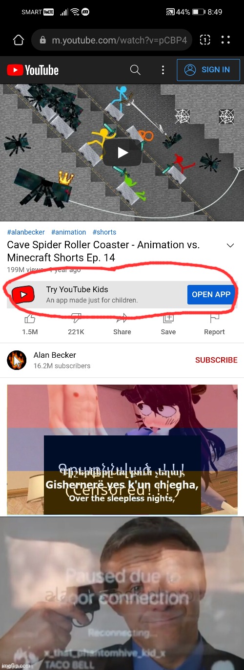Really, Alan? | image tagged in paused due to poor connection,alan becker,animation vs minecraft shorts,funny,cursed armenian national anthem,youtube kids | made w/ Imgflip meme maker