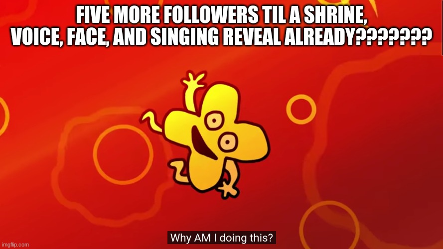 why AM I doing this x bfb | FIVE MORE FOLLOWERS TIL A SHRINE, VOICE, FACE, AND SINGING REVEAL ALREADY??????? | image tagged in why am i doing this x bfb | made w/ Imgflip meme maker