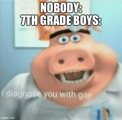 School |  NOBODY:
7TH GRADE BOYS: | image tagged in i diagnose you with gay | made w/ Imgflip meme maker