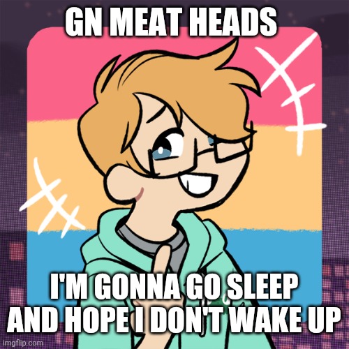 Cute me | GN MEAT HEADS; I'M GONNA GO SLEEP AND HOPE I DON'T WAKE UP | image tagged in cute me | made w/ Imgflip meme maker