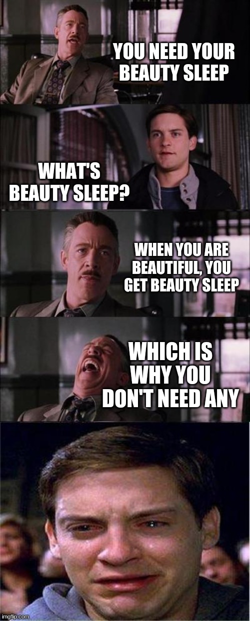 Peter Parker Cry Meme | YOU NEED YOUR BEAUTY SLEEP; WHAT'S BEAUTY SLEEP? WHEN YOU ARE BEAUTIFUL, YOU GET BEAUTY SLEEP; WHICH IS WHY YOU DON'T NEED ANY | image tagged in memes,peter parker cry,spiderman,mean | made w/ Imgflip meme maker