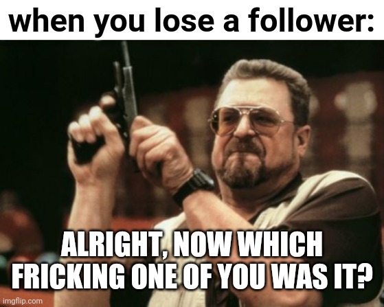 Overreaction 100 | when you lose a follower:; ALRIGHT, NOW WHICH FRICKING ONE OF YOU WAS IT? | image tagged in memes,am i the only one around here | made w/ Imgflip meme maker