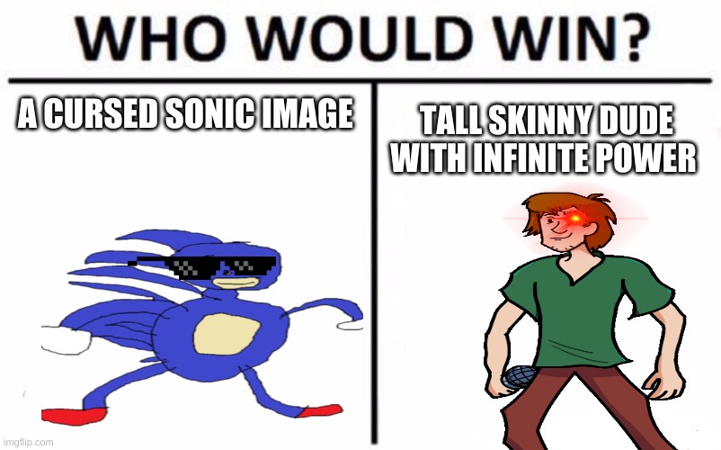 A true battle | A CURSED SONIC IMAGE; TALL SKINNY DUDE WITH INFINITE POWER | image tagged in memes,who would win | made w/ Imgflip meme maker