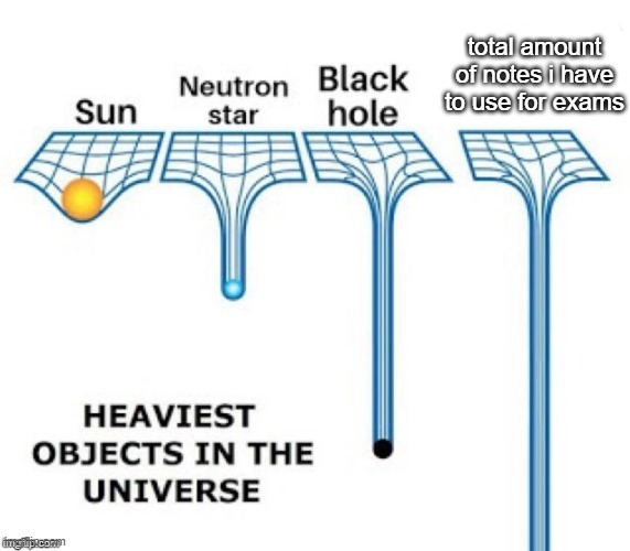 heaviest objects in the universe |  total amount of notes i have to use for exams | image tagged in heaviest objects in the universe | made w/ Imgflip meme maker