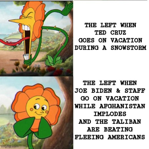 vaycay | THE LEFT WHEN
TED CRUZ
GOES ON VACATION
DURING A SNOWSTORM; THE LEFT WHEN
JOE BIDEN & STAFF
GO ON VACATION
WHILE AFGHANISTAN
IMPLODES
AND THE TALIBAN
ARE BEATING
FLEEING AMERICANS | image tagged in cuphead flower,TedCruz | made w/ Imgflip meme maker