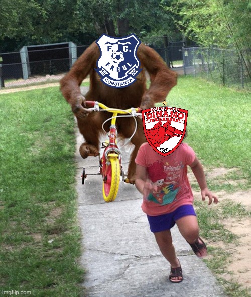 Farul Constanta 3-0 Dinamo Bucharest | image tagged in orangutan chasing girl on a tricycle,farul,dinamo,fotbal,funny,memes | made w/ Imgflip meme maker