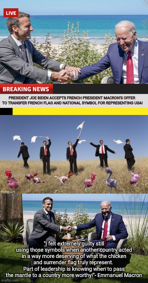 PRESIDENT JOE BIDEN ACCEPTS FRENCH PRESIDENT MACRON'S OFFER
 TO TRANSFER FRENCH FLAG AND NATIONAL SYMBOL FOR REPRESENTING USA! "I felt extremely guilty still using those symbols when another country acted in a way more deserving of what the chicken and surrender flag truly represent.  Part of leadership is knowing when to pass the mantle to a country more worthy!"- Emmanuel Macron | image tagged in joe biden and french president marcon 2,funny chickens and men waving white flags,joe biden and french president marcon | made w/ Imgflip meme maker