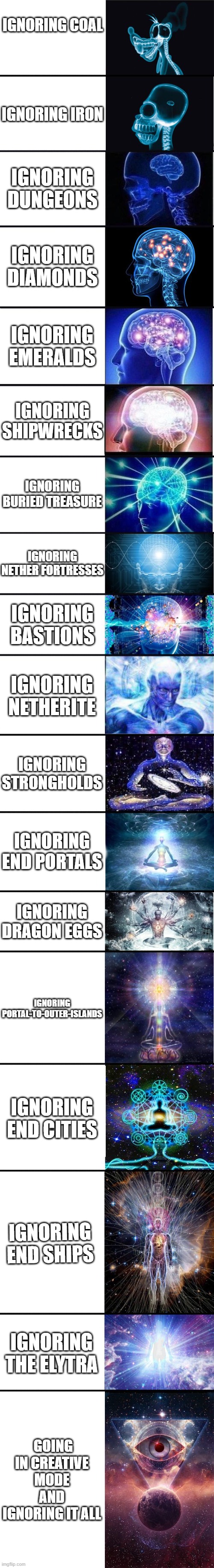 expanding brain: 9001 | IGNORING COAL; IGNORING IRON; IGNORING DUNGEONS; IGNORING DIAMONDS; IGNORING EMERALDS; IGNORING SHIPWRECKS; IGNORING BURIED TREASURE; IGNORING NETHER FORTRESSES; IGNORING BASTIONS; IGNORING NETHERITE; IGNORING STRONGHOLDS; IGNORING END PORTALS; IGNORING DRAGON EGGS; IGNORING PORTAL-TO-OUTER-ISLANDS; IGNORING END CITIES; IGNORING END SHIPS; IGNORING THE ELYTRA; GOING IN CREATIVE MODE AND IGNORING IT ALL | image tagged in expanding brain 9001,minecraft,memes,minecraft memes,meme,oh wow are you actually reading these tags | made w/ Imgflip meme maker