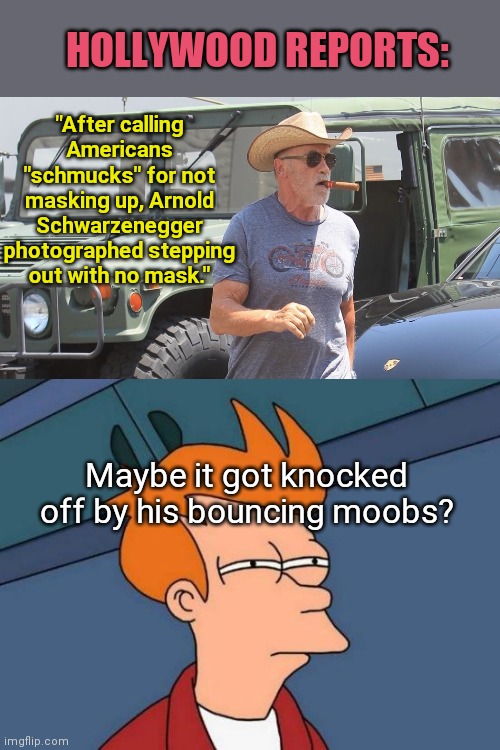 Bouncy, flouncy, maskless Arnold | HOLLYWOOD REPORTS:; "After calling Americans "schmucks" for not masking up, Arnold Schwarzenegger photographed stepping out with no mask."; Maybe it got knocked off by his bouncing moobs? | image tagged in futurama fry,arnold schwarzenegger,masks,hypocrite,moobs | made w/ Imgflip meme maker