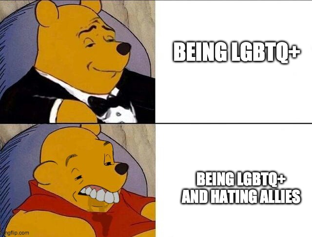 Winnie the Pooh | BEING LGBTQ+; BEING LGBTQ+ AND HATING ALLIES | image tagged in winnie the pooh | made w/ Imgflip meme maker