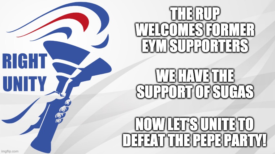 Vote PR1CE for President and Pollard for Congress! Let's continue Wubbzymon's legacy! | THE RUP WELCOMES FORMER EYM SUPPORTERS; WE HAVE THE SUPPORT OF SUGAS; NOW LET'S UNITE TO DEFEAT THE PEPE PARTY! | image tagged in rup announcement,memes,politics,election,candidates,campaign | made w/ Imgflip meme maker