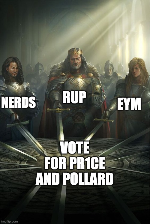 The Bruh Party is also supporting Pollard for Head of Congress. Vote RUP! | RUP; NERDS; EYM; VOTE FOR PR1CE AND POLLARD | image tagged in knights of the round table,memes,politics,election,candidates,campaign | made w/ Imgflip meme maker
