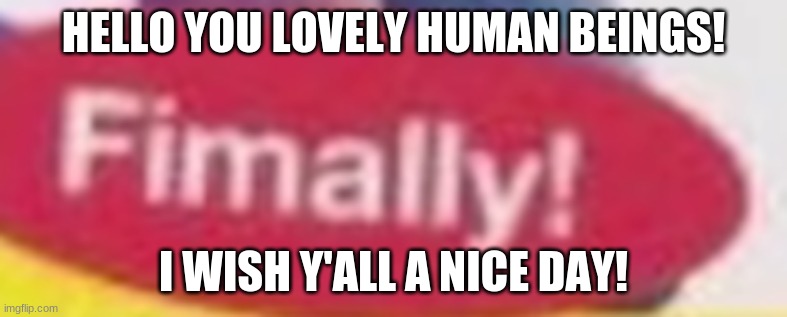 Fimally | HELLO YOU LOVELY HUMAN BEINGS! I WISH Y'ALL A NICE DAY! | image tagged in fimally | made w/ Imgflip meme maker