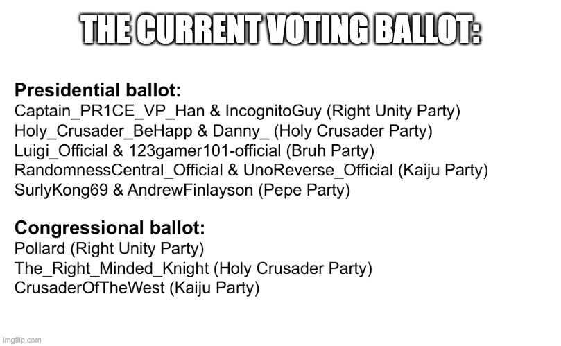 Pepe hasn't yet announced if they'll contest the HOC election. And don't forget you need a VP to be on the Presidential ballot. | THE CURRENT VOTING BALLOT: | image tagged in vote pr1ce,for president,vote pollard,for congress | made w/ Imgflip meme maker