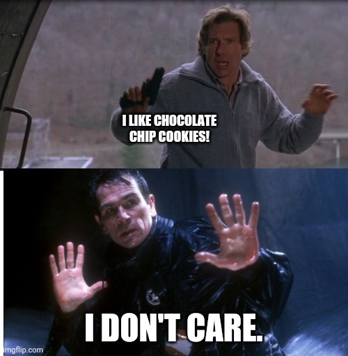 Fugitive | I LIKE CHOCOLATE CHIP COOKIES! I DON'T CARE. | image tagged in fugitive | made w/ Imgflip meme maker