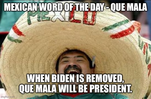 mexican word of the day | MEXICAN WORD OF THE DAY - QUE MALA; WHEN BIDEN IS REMOVED, QUE MALA WILL BE PRESIDENT. | image tagged in mexican word of the day | made w/ Imgflip meme maker