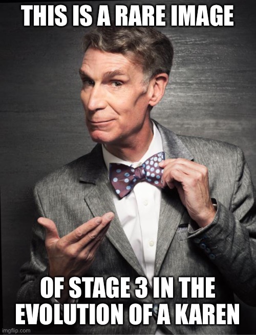 Bill Nye  | THIS IS A RARE IMAGE OF STAGE 3 IN THE EVOLUTION OF A KAREN | image tagged in bill nye | made w/ Imgflip meme maker