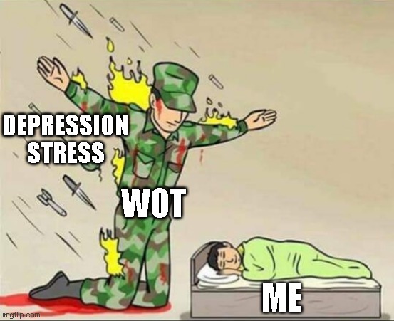 fun | DEPRESSION STRESS; WOT; ME | image tagged in soldier protecting sleeping child | made w/ Imgflip meme maker