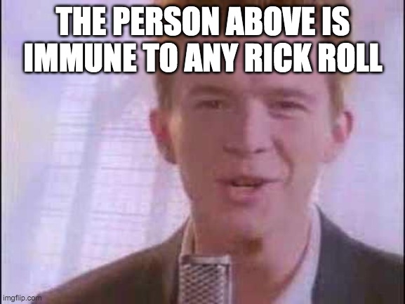 rick roll | THE PERSON ABOVE IS IMMUNE TO ANY RICK ROLL | image tagged in rick roll | made w/ Imgflip meme maker